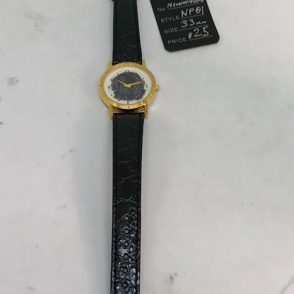 Newfoundland Dog 33mm Women's Gold Tone Black Leather Band Watch NWT